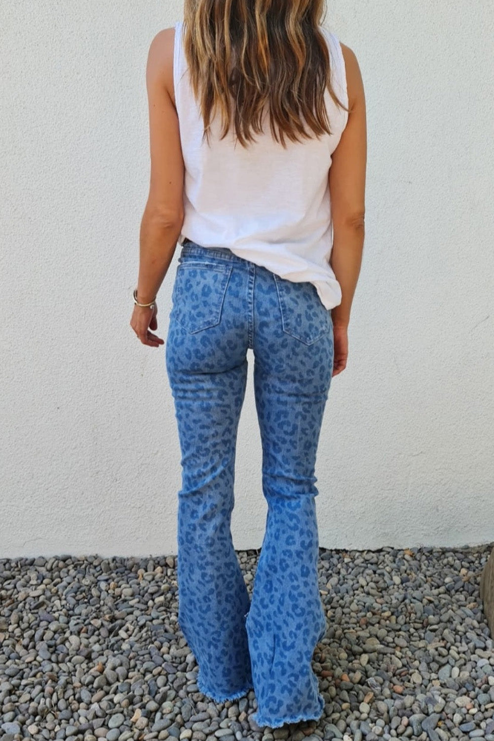 Sky Blue Leopard Print Raw Hem High Waist Flare Jeans - LA Grand