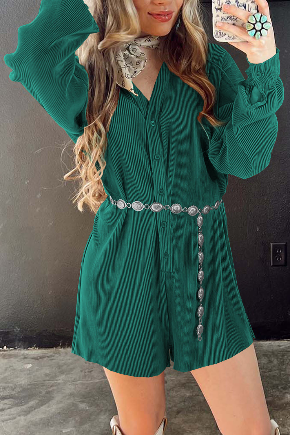 Sea Green Ribbed Long Sleeve Button Front Romper - LA Grand