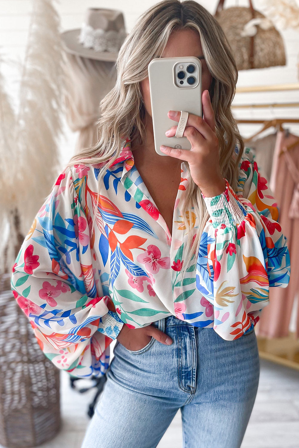 Multicolor Vibrant Floral Printed Billowy Sleeve Shirt - LA Grand