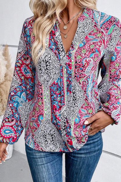 Pink Vintage Boho Paisley Print Notched Neck Blouse - LA Grand