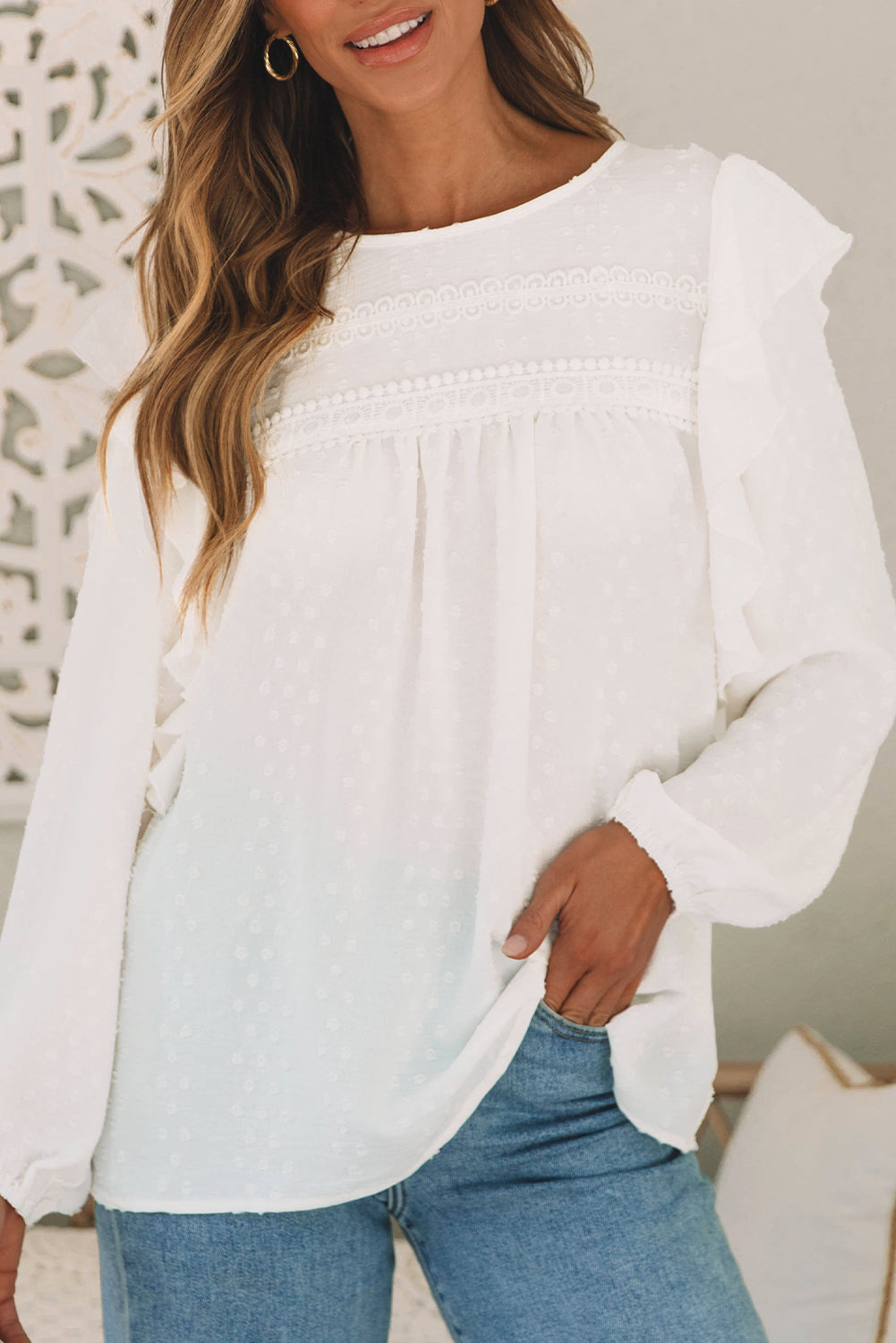 Sky Blue Lace Eyelet Ruffle Shoulder Long Sleeve Blouse - LA Grand