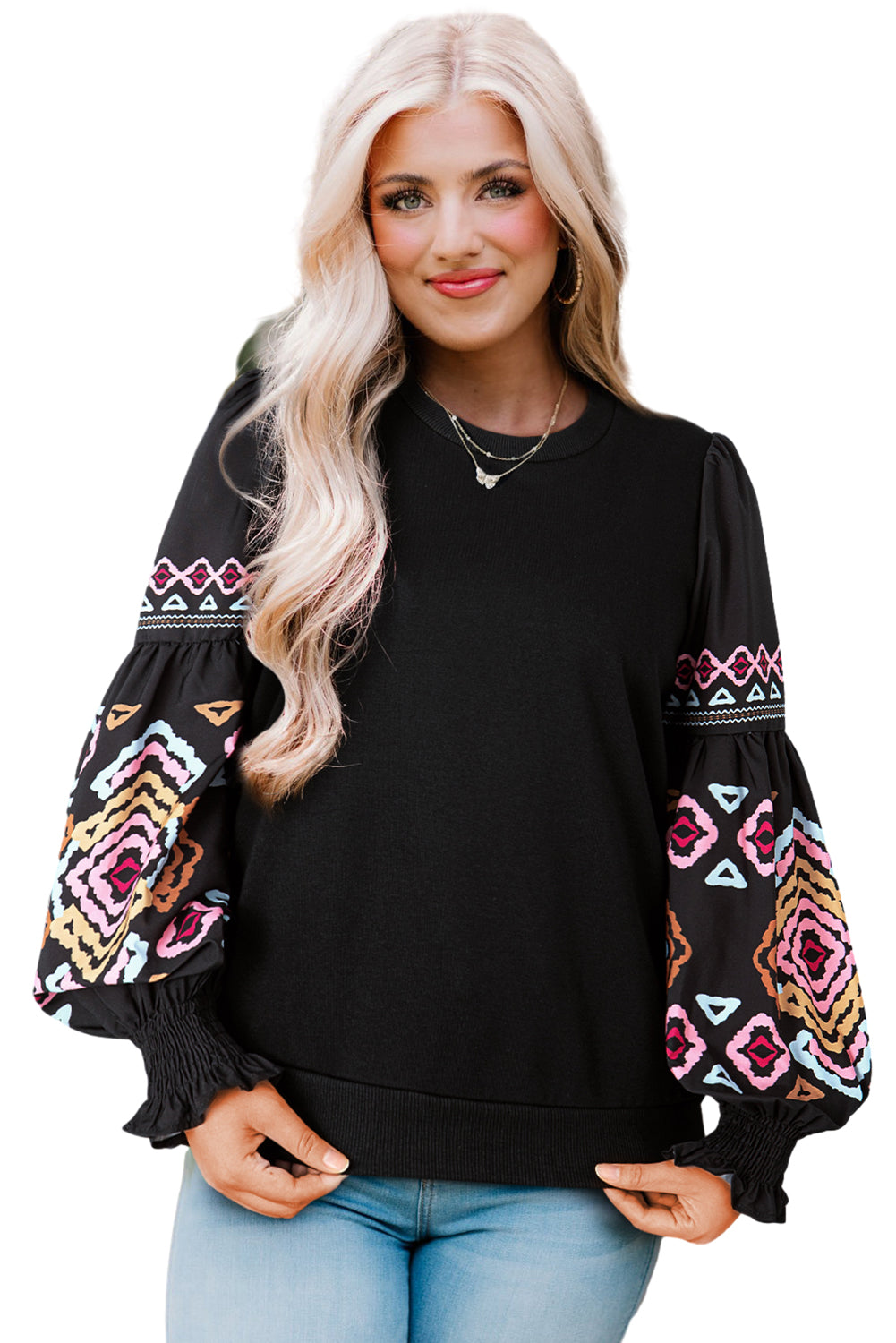 Black Printed Balloon Sleeve Crew Neck Blouse - LA Grand