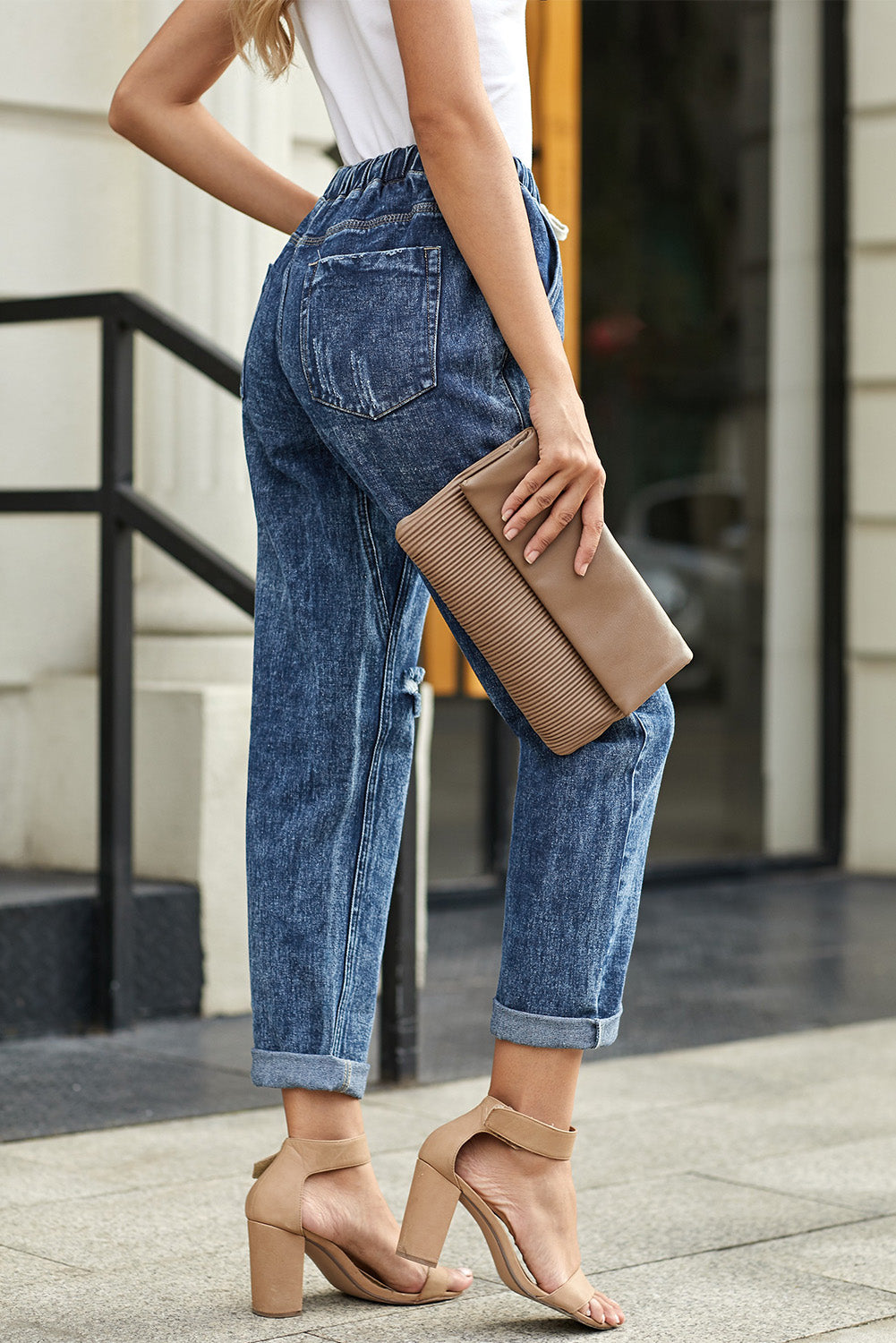 Sky Blue Gather Round Distressed Pocketed Denim Jogger - LA Grand