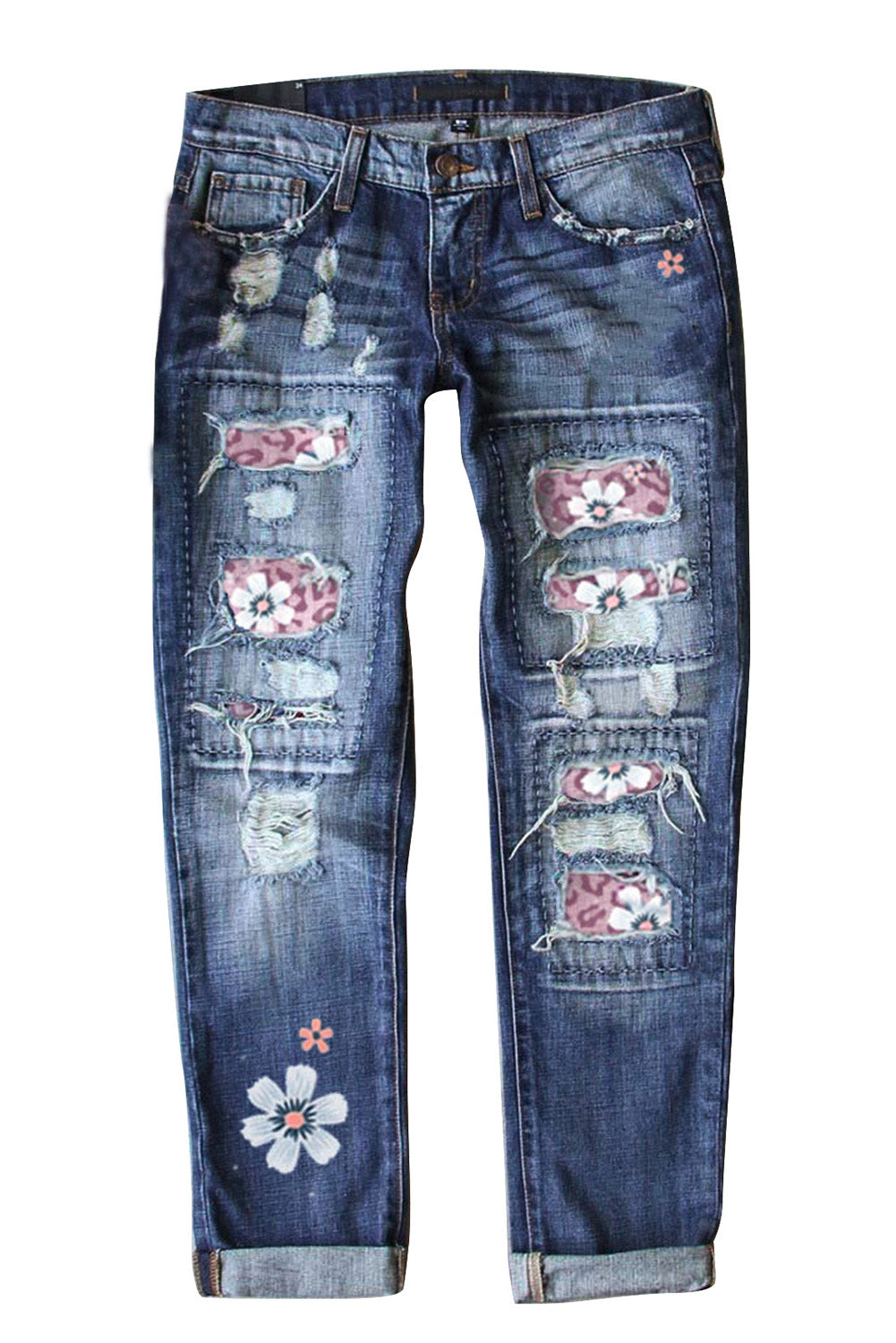 Sky Blue Floral Leopard Print Patchwork Distressed High Waist Jeans - LA Grand