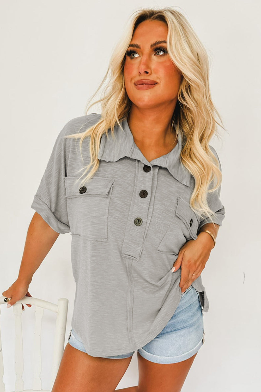 Moonlight Jade Chest Pockets Half Buttoned Collared Blouse - LA Grand