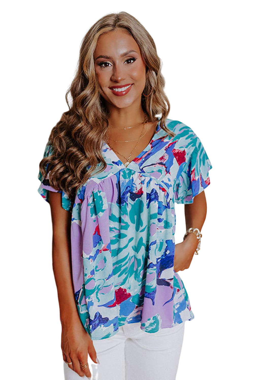 Sky Blue Abstract Print V Neck Flutter Sleeve Blouse - LA Grand