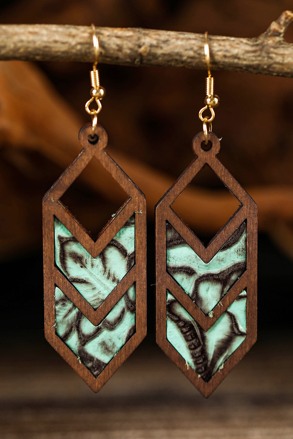 Mint Green Western Animal Print Insert Wooden Hollowed Earrings - LA Grand