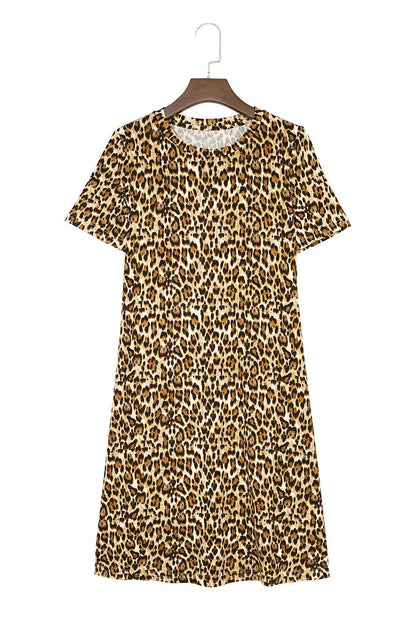 Leopard Print Short Sleeve A-line Mini Dress - LA Grand