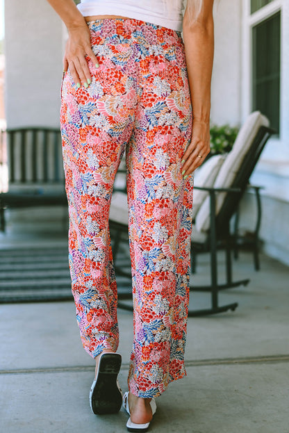 Fiery Red Gorgeous Print Drawstring Smocked High Waist Pants - LA Grand