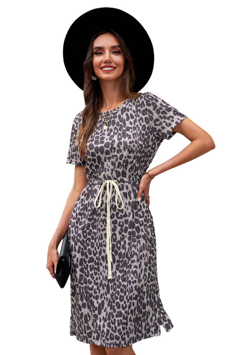 Leopard Short Sleeve Pocketed Drawstring Casual Dress - LA Grand