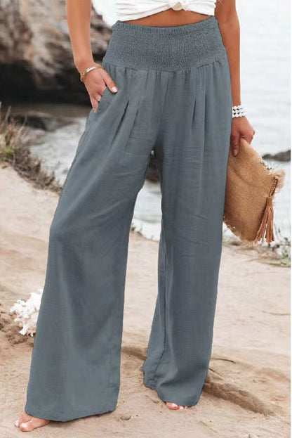 Sky Blue Smocked Wide Waistband High Waist Wide Leg Pants - LA Grand