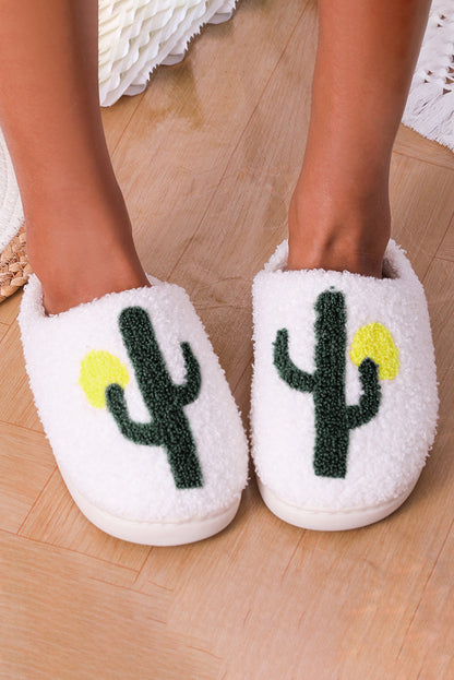 White Fuzzy Cactus Pattern Winter Home Slippers - LA Grand