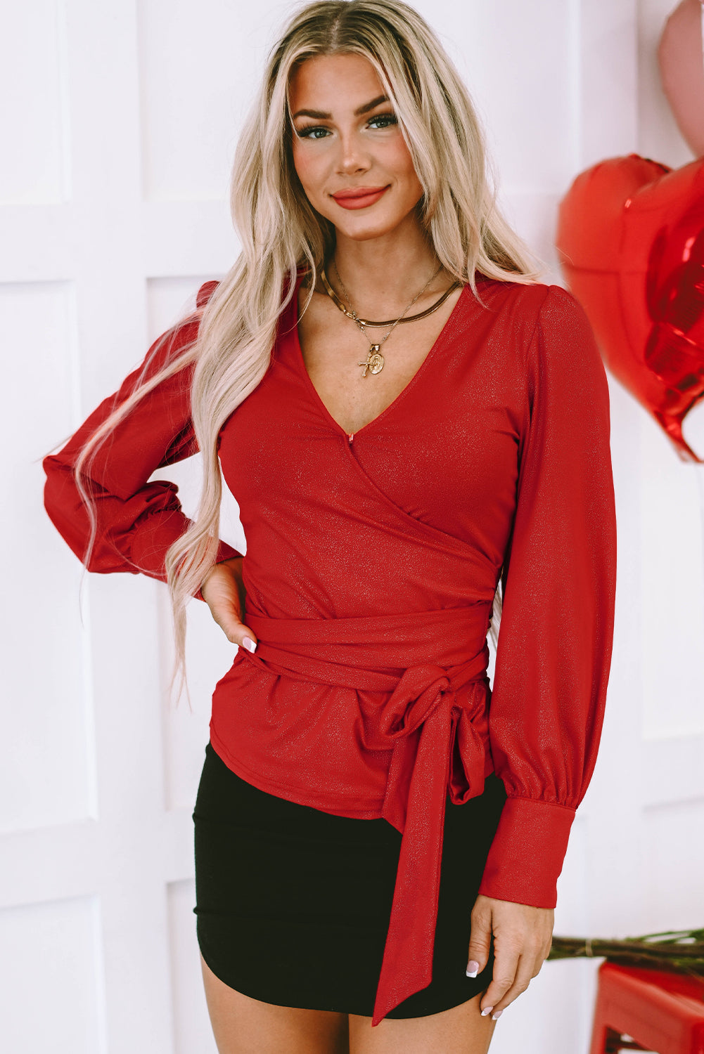 Fiery Red Glitter Wrap V Neck Tie Hem Puff Sleeve Blouse - LA Grand