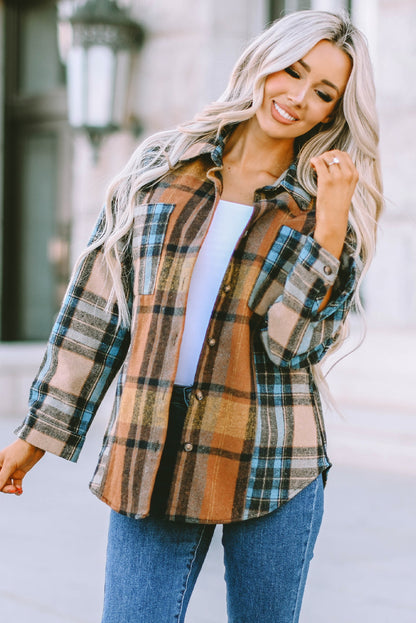 Brown Plaid Color Block Buttoned Shirt with Pockets - LA Grand