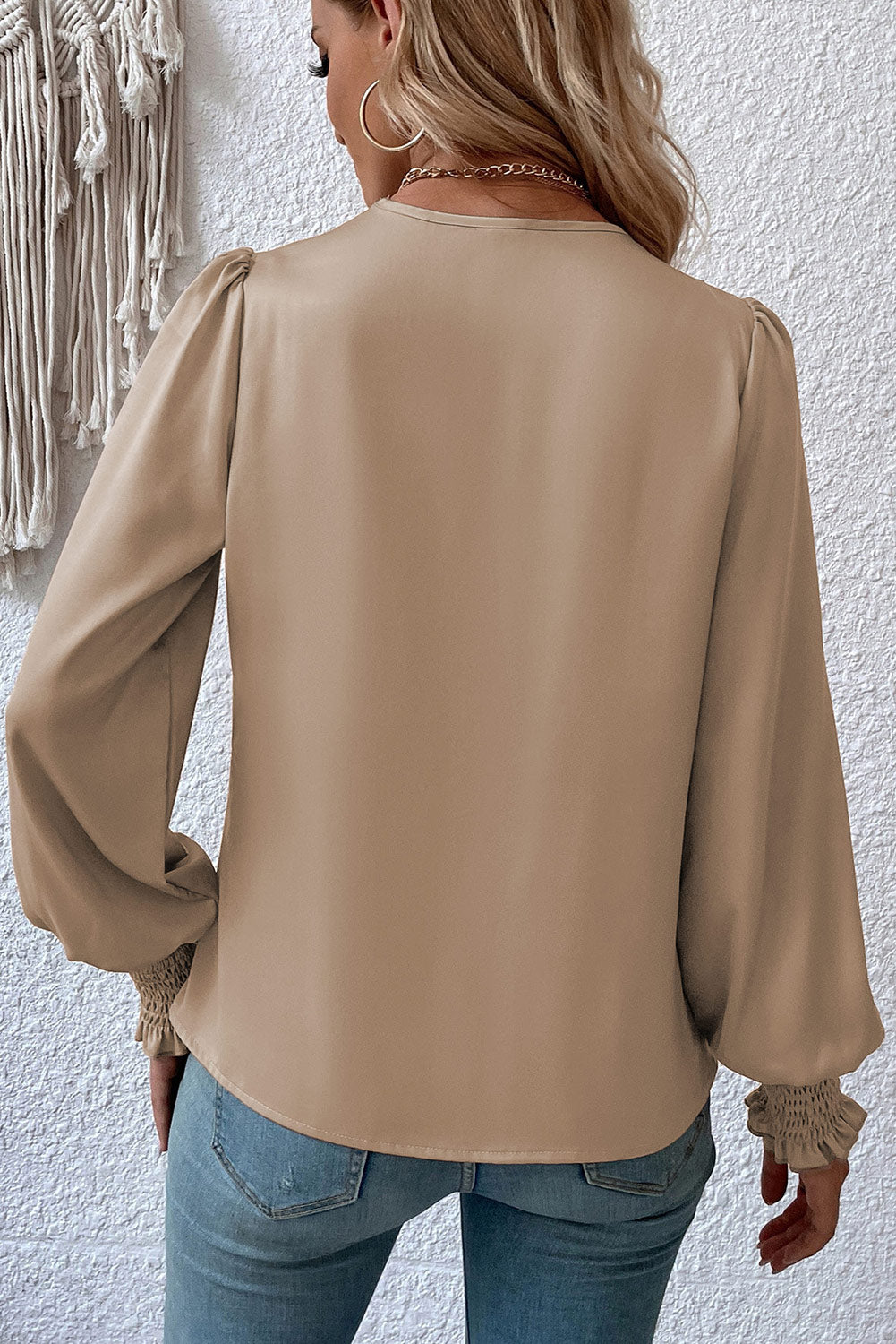 Khaki Solid Surplice Neck Shirred Cuffs Draped Blouse - LA Grand