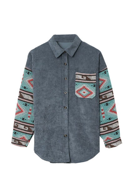 Aztec Pattern Sleeve Pocketed Corduroy Shacket - LA Grand