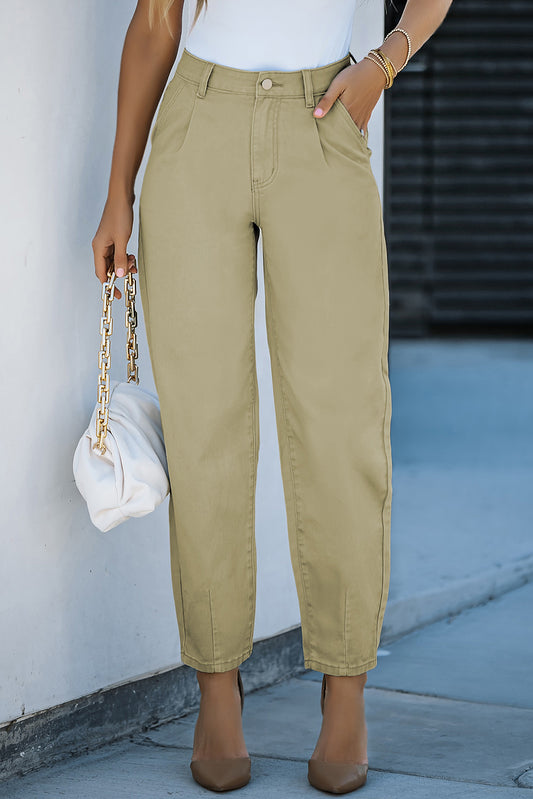 Khaki Solid High Waist Casual Pants - LA Grand