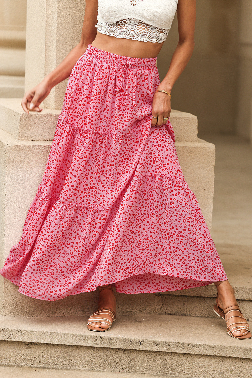 Pink Leopard Print Frilled Drawstring High Waist Maxi Skirt - LA Grand