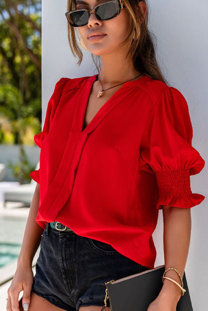 Fiery Red Solid Color Half Sleeve V Neck Blouse - LA Grand