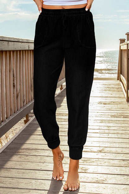 Black Elastic Waist Jogger Pants with Pockets - LA Grand