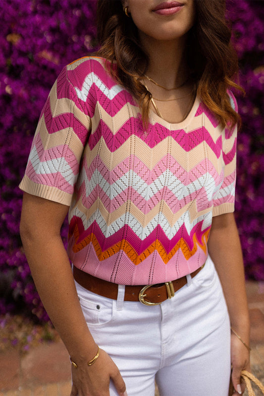 Pink Stripe Chevron Pointelle Knit V Neck Short Sleeve Sweater - LA Grand