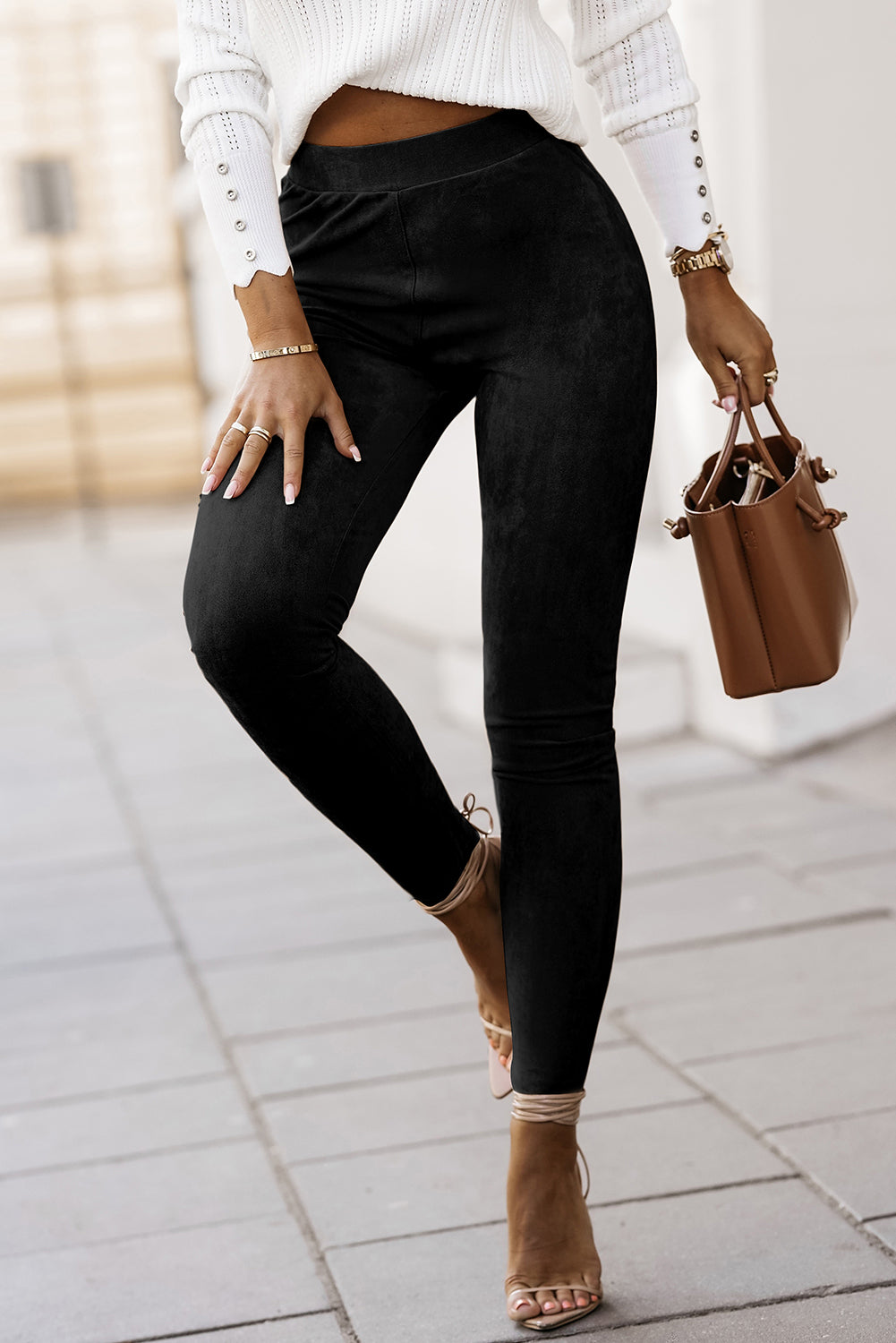 Black High Waist Faux Suede Skinny Leggings - LA Grand