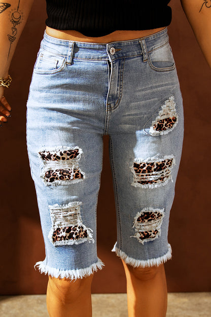 Mid-rise Ripped Leopard Patches Denim Bermuda Shorts - LA Grand