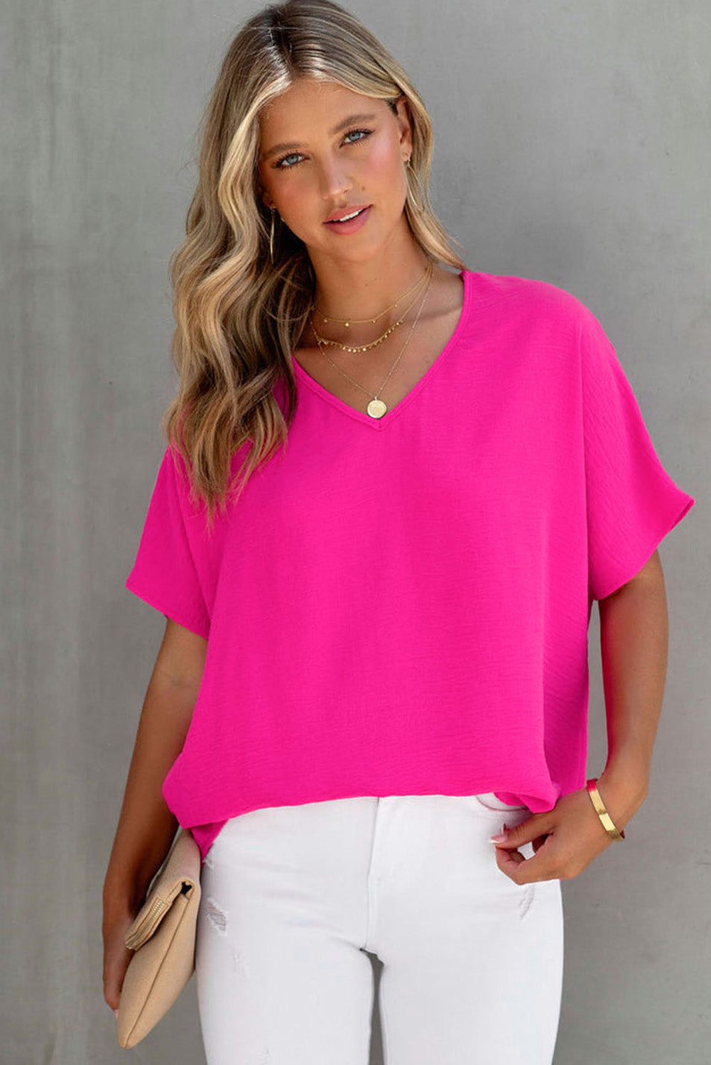 Pink Solid V Neck Short Sleeve Blouse - LA Grand