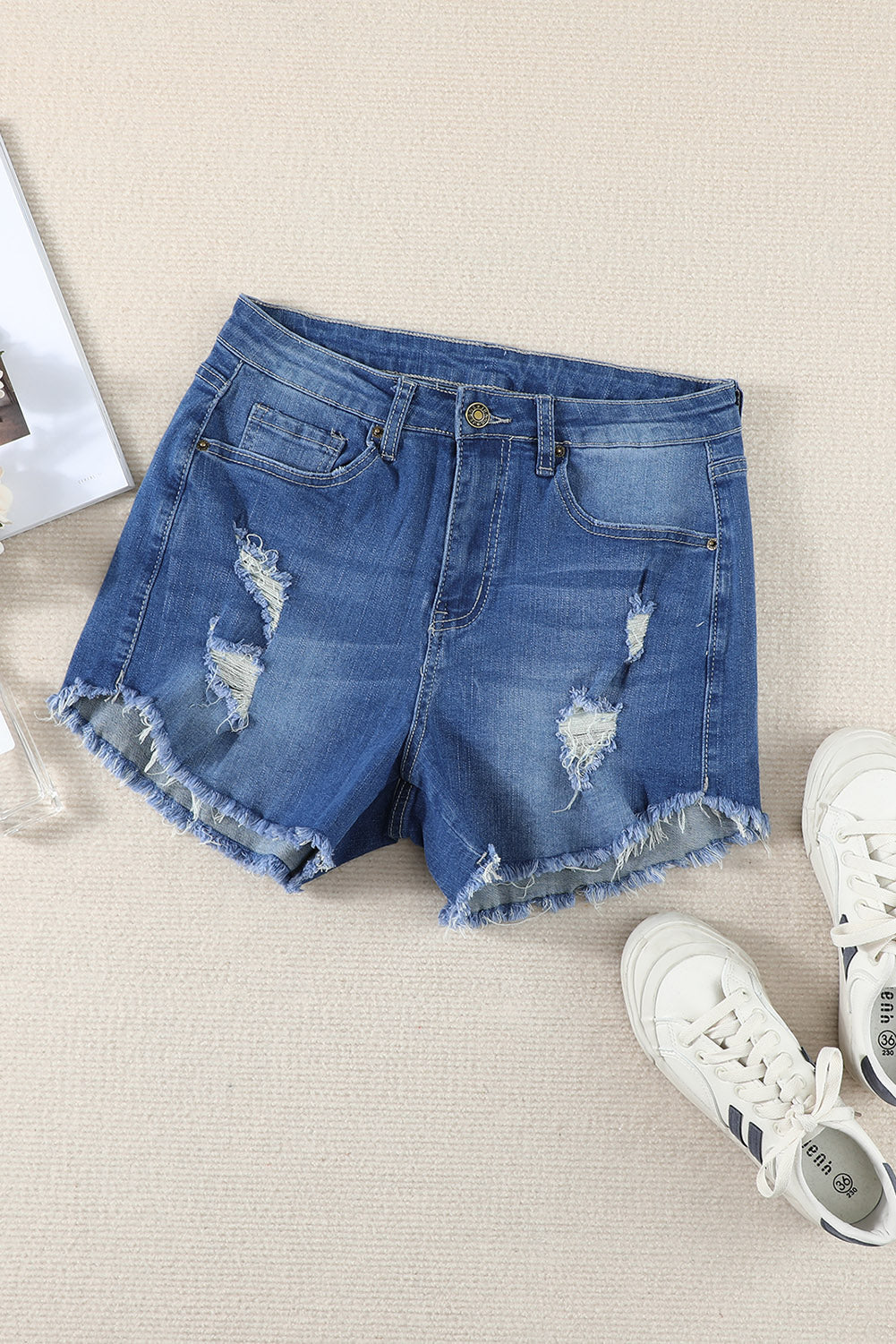 Light Blue Frayed Hem Denim Shorts - LA Grand