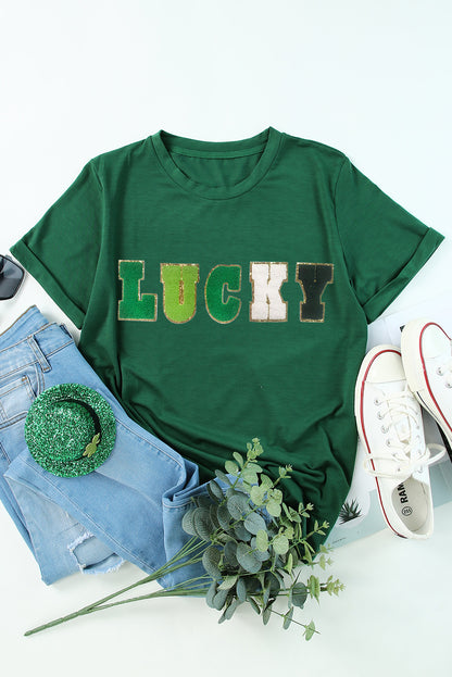 Green LUCKY Glitter Chenille Patched Crew Neck T Shirt - LA Grand