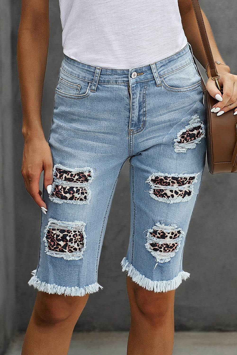 Mid-rise Ripped Leopard Patches Denim Bermuda Shorts - LA Grand