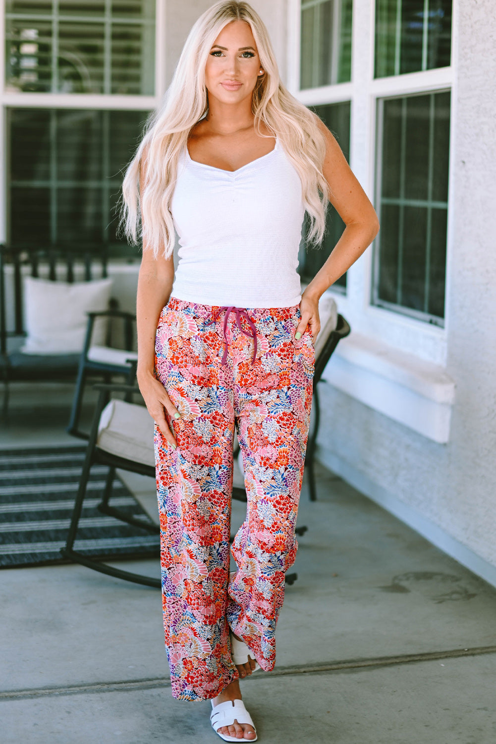 Fiery Red Gorgeous Print Drawstring Smocked High Waist Pants - LA Grand