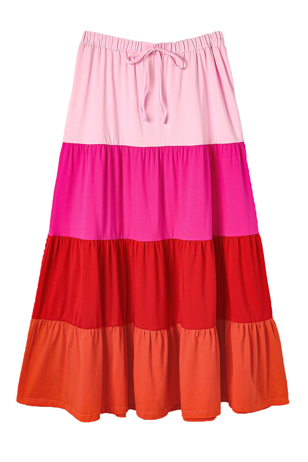 Pink Color Block Tiered Drawstring High Waist Maxi Skirt - LA Grand