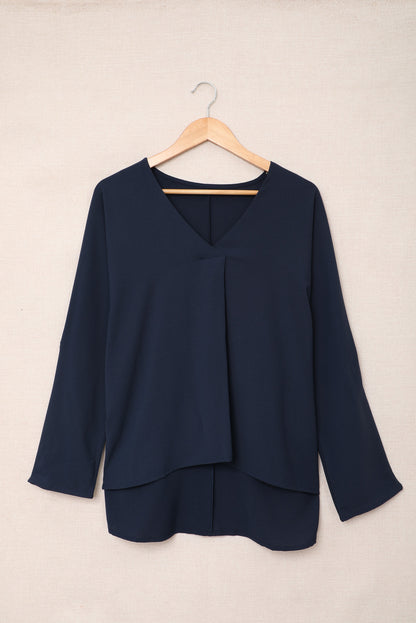 Blue V Neck 3/4 Sleeve High Low Hem Shirt - LA Grand