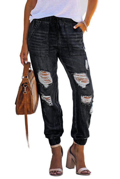 Blue Pocketed Distressed Denim Joggers - LA Grand