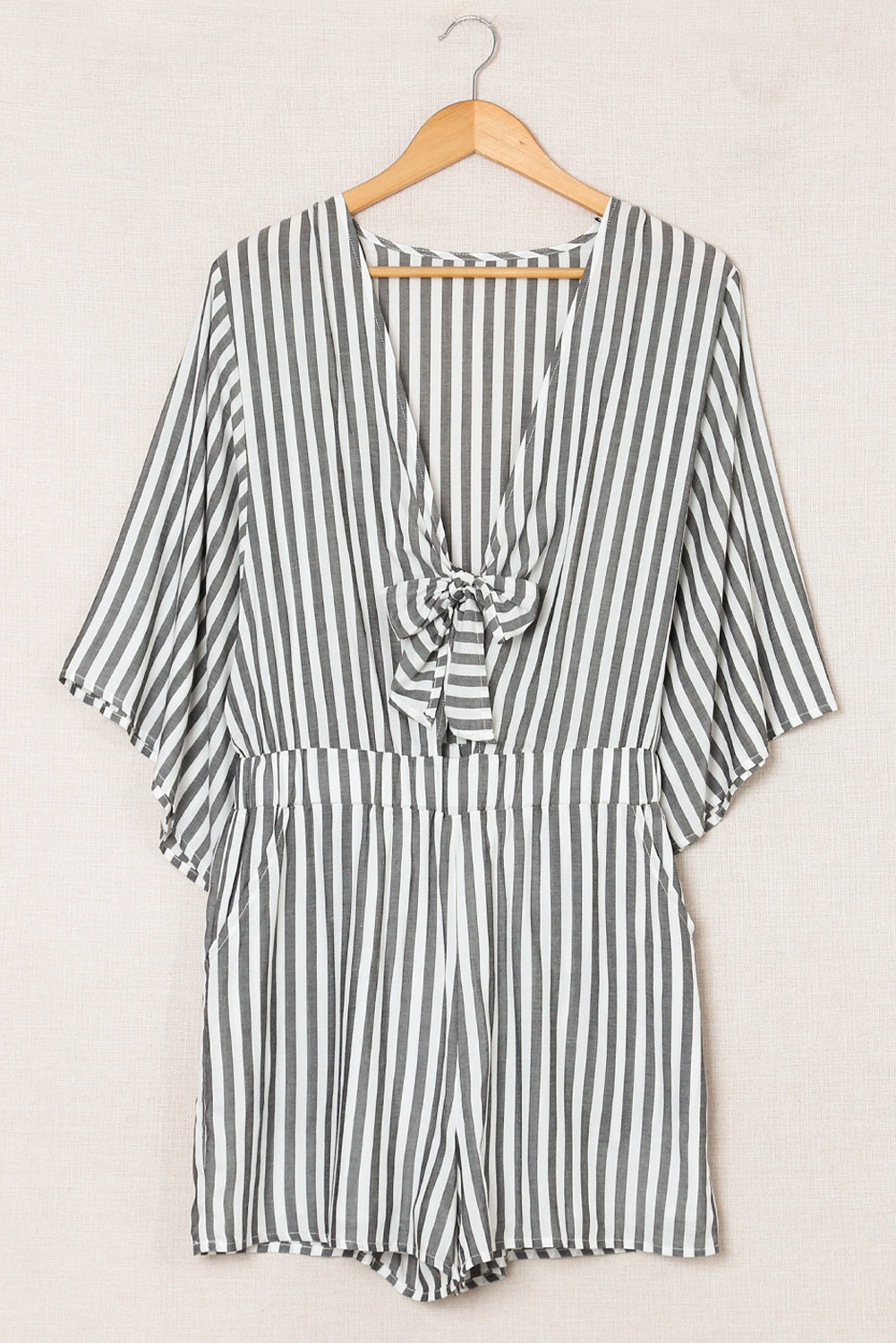 Gray 3/4 Wide Kimono Sleeves Tie Front Striped Romper with Pockets - LA Grand