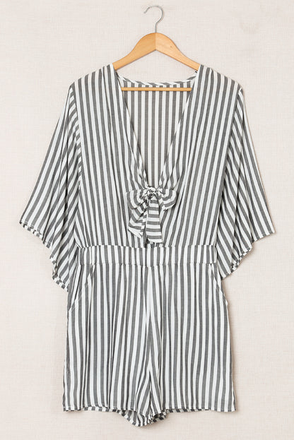 Gray 3/4 Wide Kimono Sleeves Tie Front Striped Romper with Pockets - LA Grand