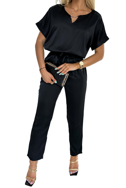 Black Metallic Neck Decor Belted High Waist Jumpsuit - LA Grand