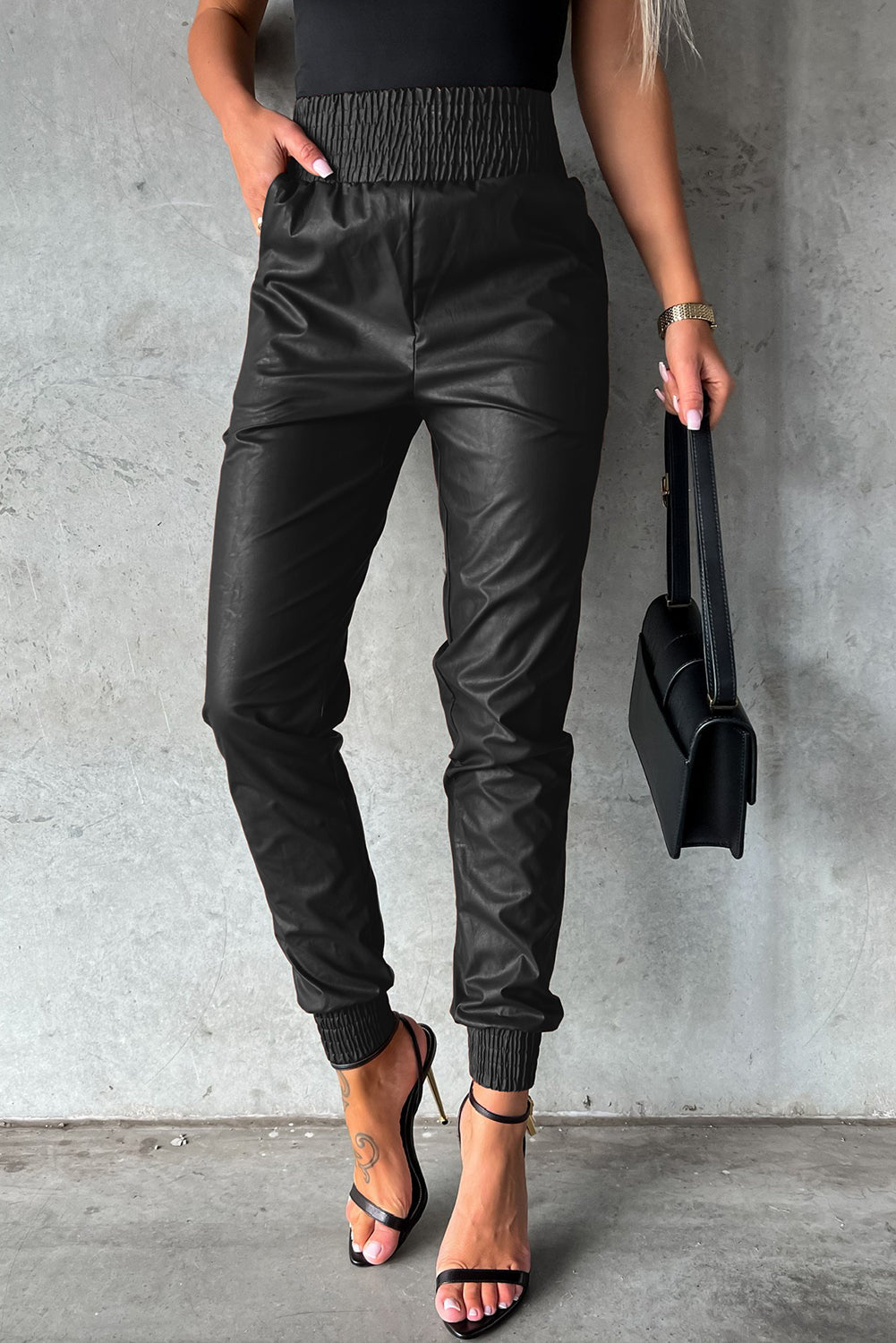 Brown Smocked High-Waist Leather Skinny Pants - LA Grand