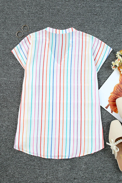 Multicolor Striped Pintuck Tiered Cap Sleeve Blouse - LA Grand