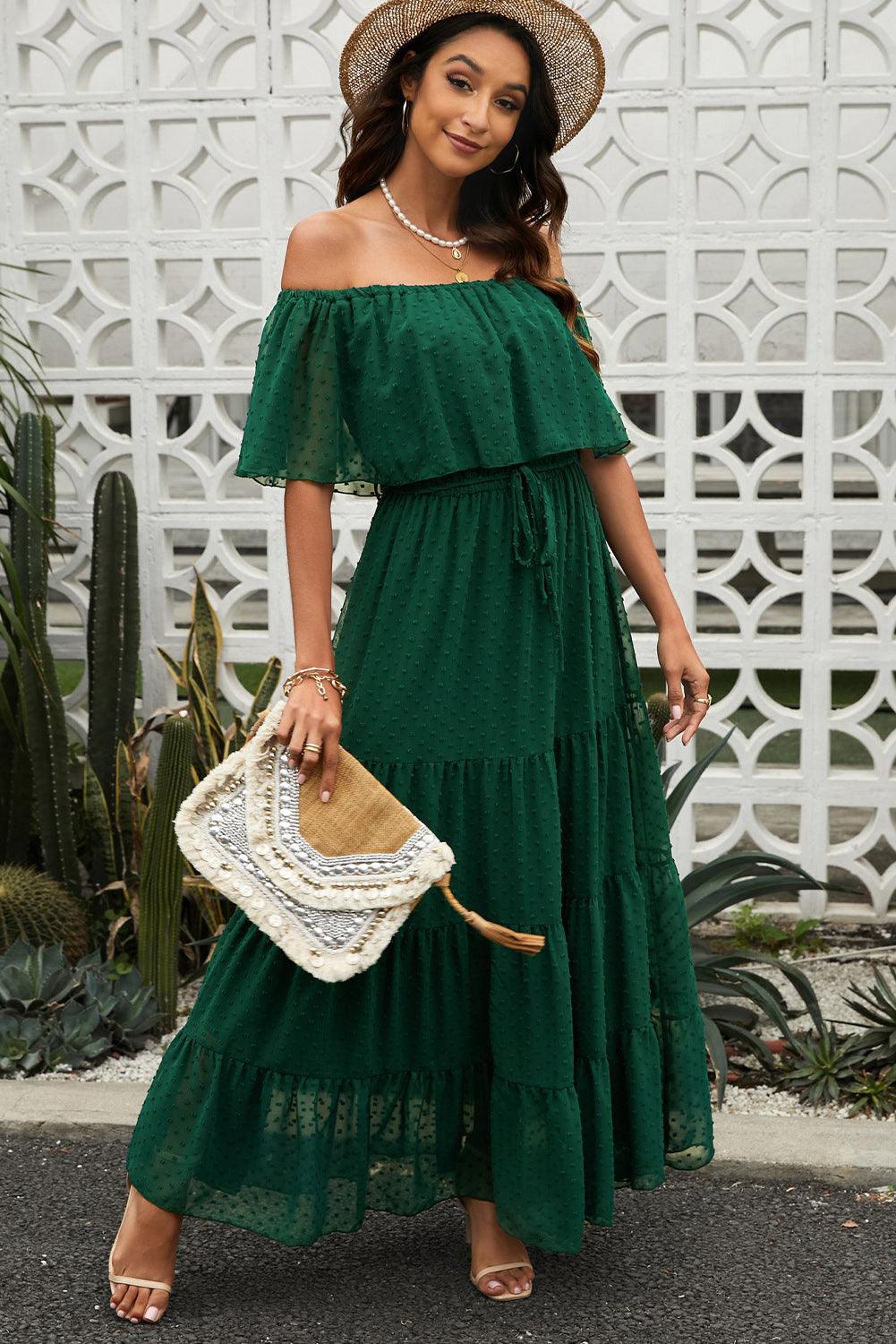 Verde Sunshine Off-Shoulder Swiss Dot Maxi Dress - LA Grand