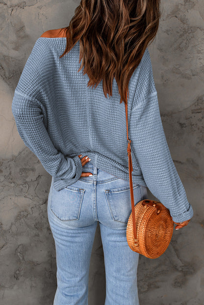 Dusk Blue Waffle Knit Loose Long Sleeve Top - LA Grand