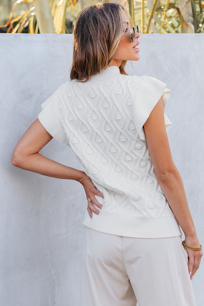 White Textured Ruffled Mock Neck Knitted Vest - LA Grand