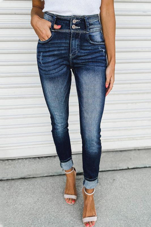 Blue Vintage Washed Two-button High Waist Skinny Jeans - LA Grand