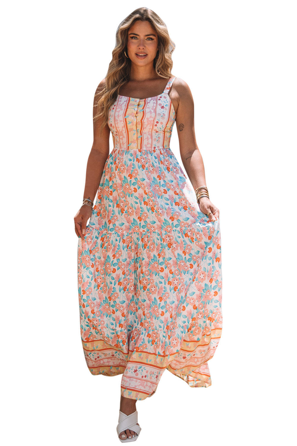 Orange Boho Floral Print Sleeveless Tiered Maxi Dress - LA Grand