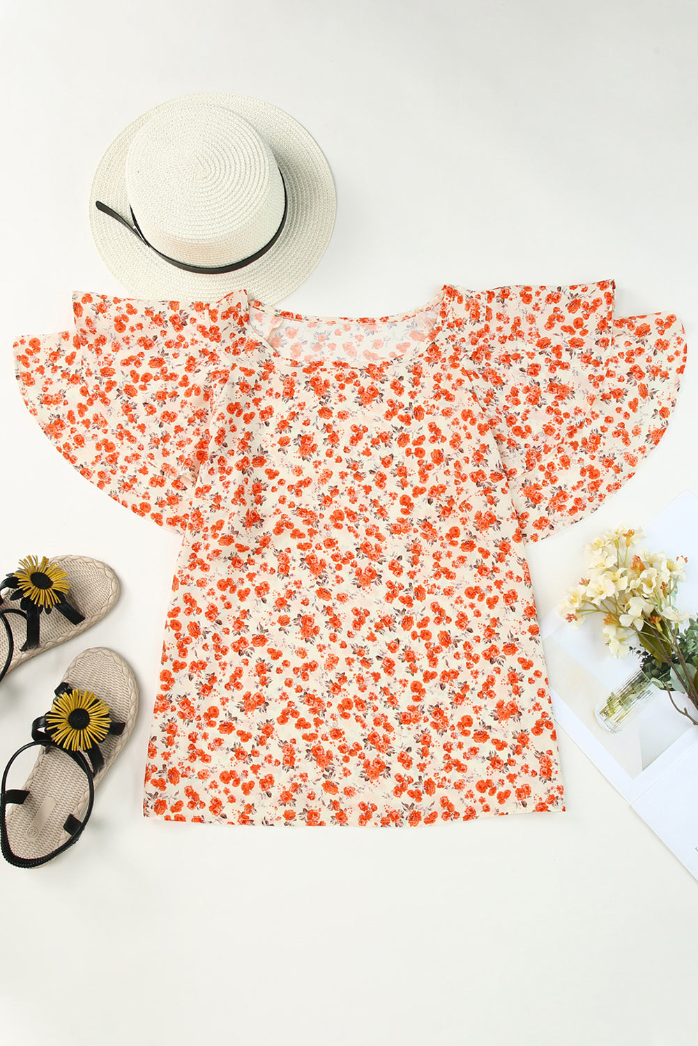 Orange Floral Tiered Flutter Sleeve Blouse - LA Grand