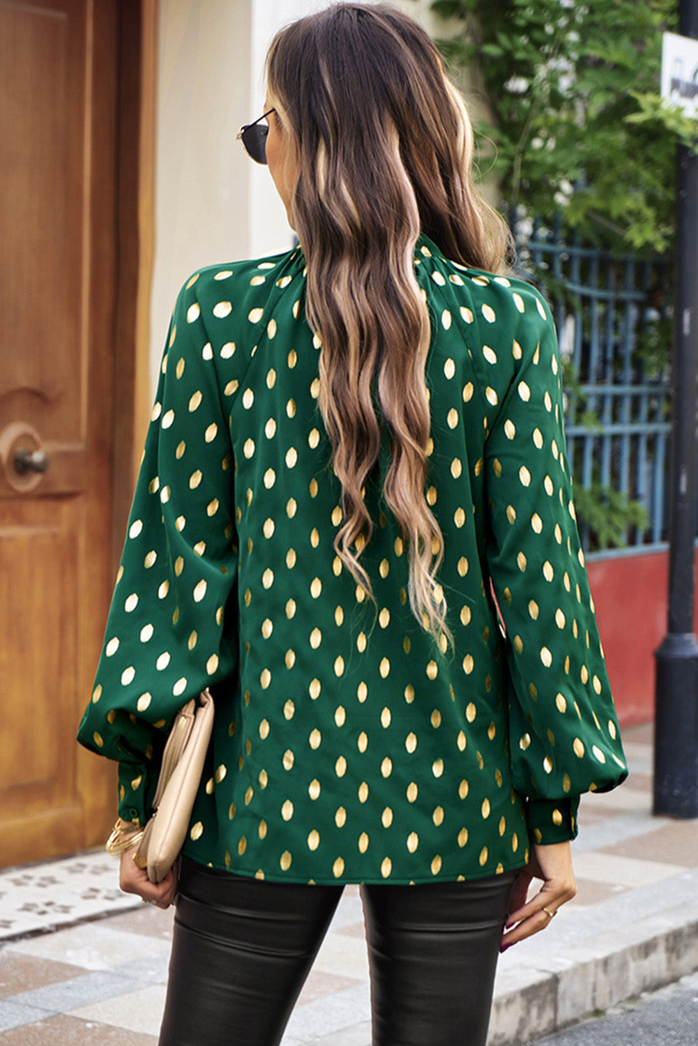 Green Twisted Mock Neck Cut out Dotted Bishop Sleeve Blouse - LA Grand