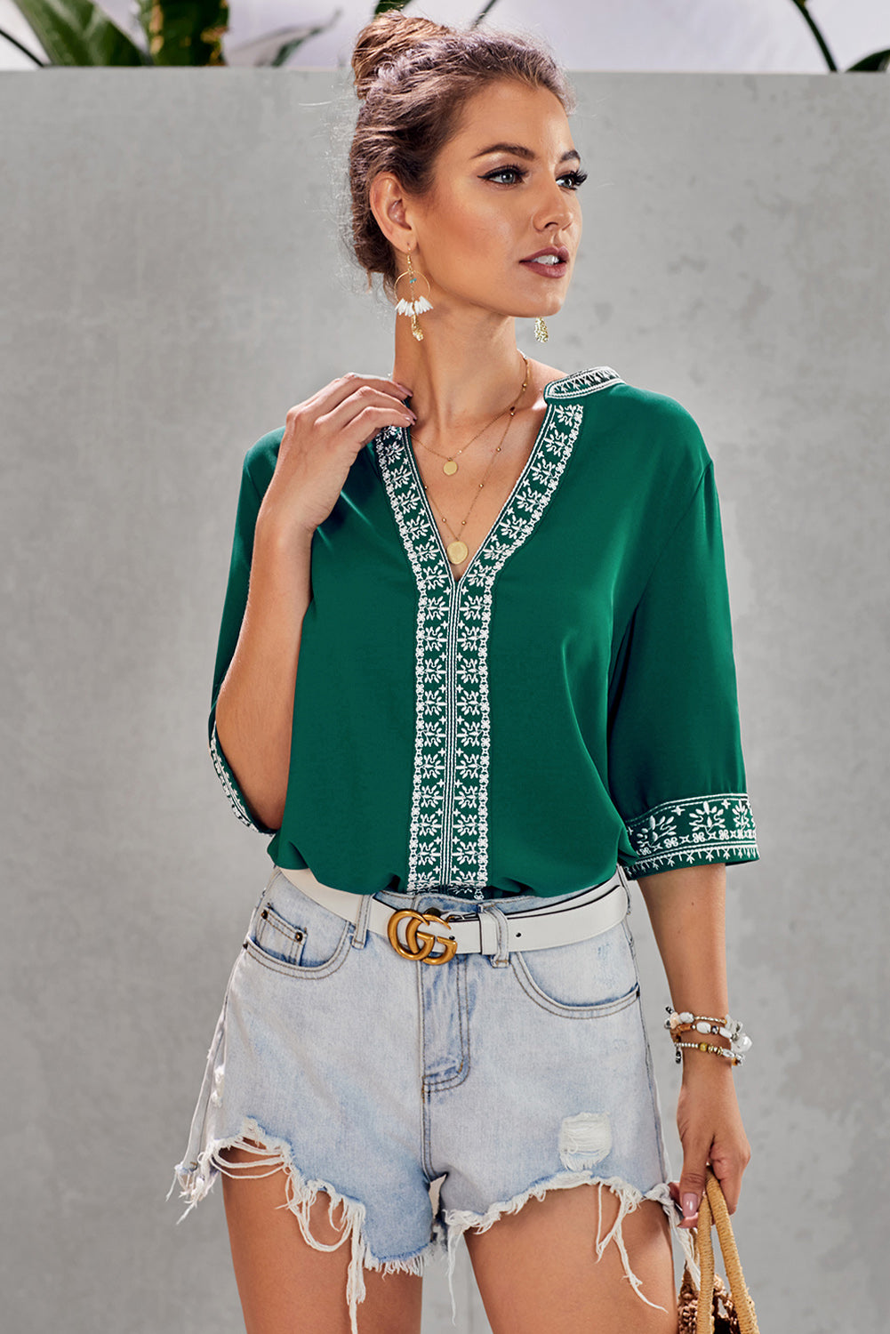 Green Chic Boho V Neckline Half Sleeve Blouse - LA Grand