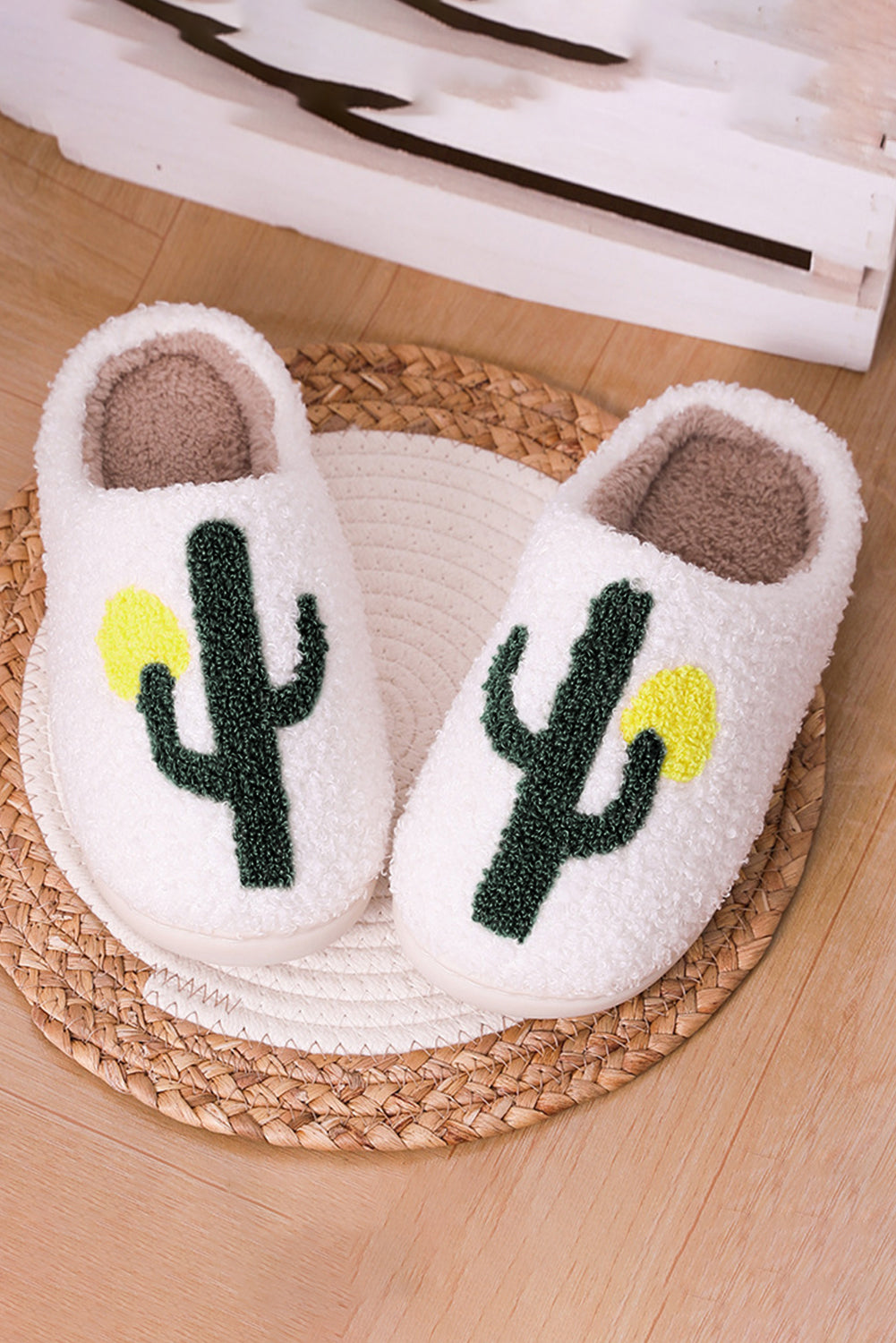 White Fuzzy Cactus Pattern Winter Home Slippers - LA Grand