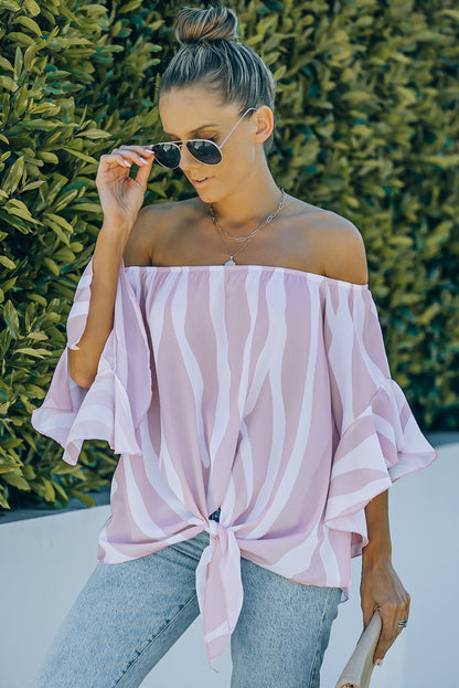 Off The Shoulder Vertical Stripes Blouse in Pink - LA Grand